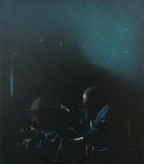 Giuseppe Puglisi Dialogo vermeeriano (L'astronomo), 2013 olio su tela, cm 80 x 70